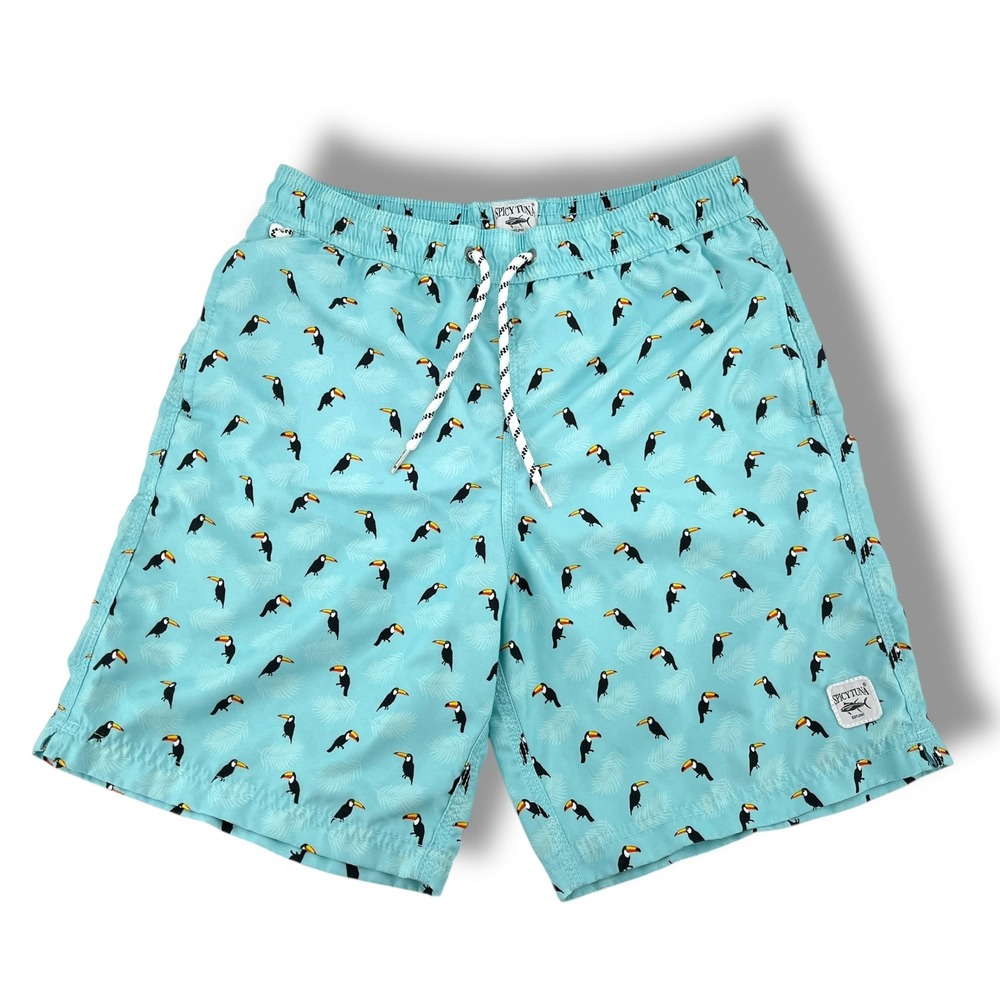 Spicy Tuna Mens Swim Trunks Small Toucan Print Blue Tropical Beach Shorts
